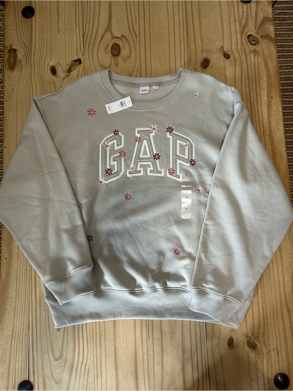 GAP Women's Light Gray Cream Sweatshirt with Pink Floral Embroidery
